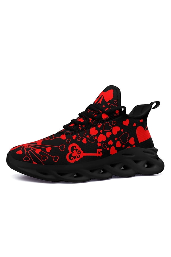 Mens & Womens Valentine's Day Couple Sneakers - Black & Red Heart Pattern Low-Top Breathable Trainer, Comfortable Running Shoes for Him, Romantic Gift for Couples, Loveinspired Design