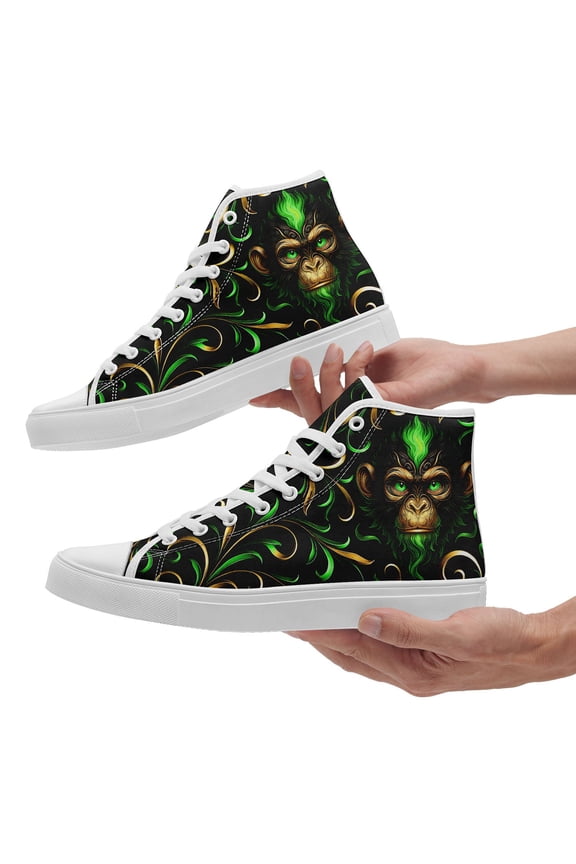 Monkey Design Print High-Top Canvas Shoes for Men Size 11, Chinese Zodiac Sneakers, Black-Green Hi top Casual Shoes, Fashion Trendy Gift Shoes for Outdoor Walking Wear/Casual Outfits