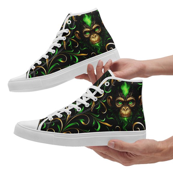 Coolcustomize Monkey Design Print High-Top Canvas Shoes for Men Size 11, Chinese Zodiac Sneakers, Black-Green Hi top Casual Shoes, Fashion Trendy Gift Shoes for Outdoor Walking Wear/Casual Outfits