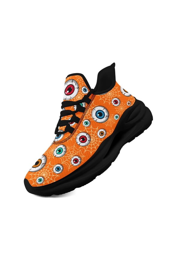Orange Spooky Eye Patterned Sneakers for Women, Low-Top Tennis Shoes Featuring Midsole Suspension Technology, Perfect for Halloween Festivities/Cosplay/Casual Walks/Year-Round Wear