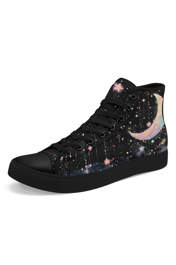 Pastel Moon & Galaxy High Top Canvas Shoes for Men Women Wide Size 5 5.5 6.5 7 8 8.5 9.5 10 10.5 11 12 13 14 15, Black Canvas Sneakers