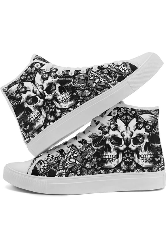Personalized High Top Canvas Shoes for Men Women Wide, Gothic Skull & Butterfly Design Sneakers, Fashion Casual Hi-top Skateboard Shoes