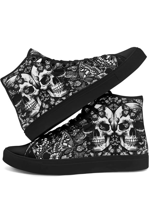 Personalized High Top Canvas Shoes for Men Women Wide, Gothic Skull & Butterfly Design Sneakers, Fashion Casual Hi-top Skateboard Shoes