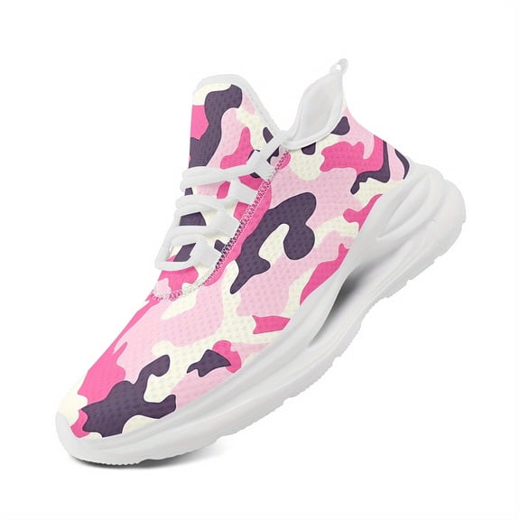 Coolcustomize Pink Camouflage Sneakers for Women, Stylish Chunky Athletic Shoes, Breathable Lightweight Running Shoes for Street Style, Round Toe Low Top Casual Walking Trainers, Fashion Tennis Shoes