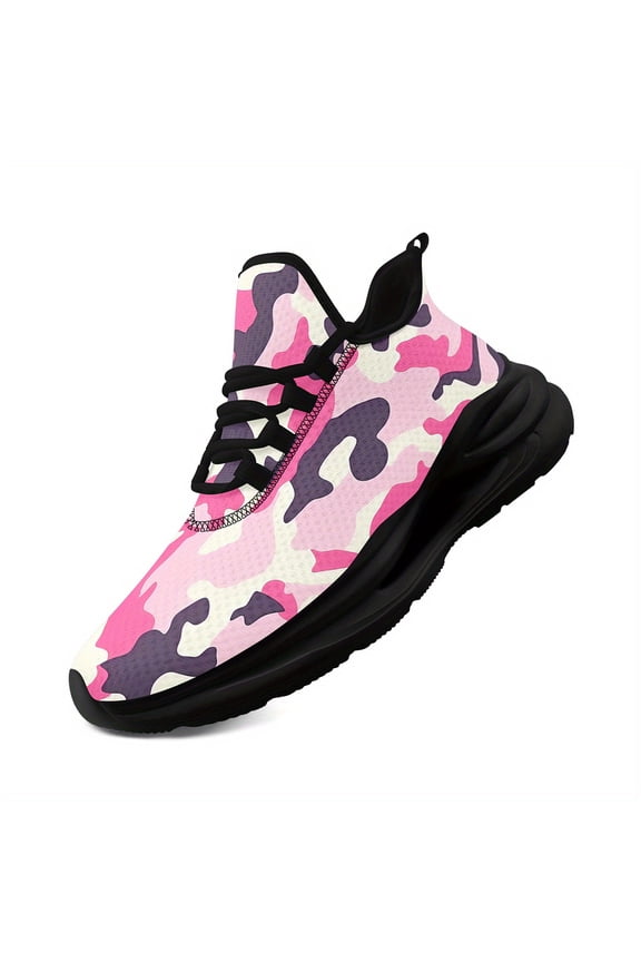 Pink Camouflage Sneakers for Women, Stylish Chunky Athletic Shoes, Breathable Lightweight Running Shoes for Street Style, Round Toe Low Top Casual Walking Trainers, Fashion Tennis Shoes