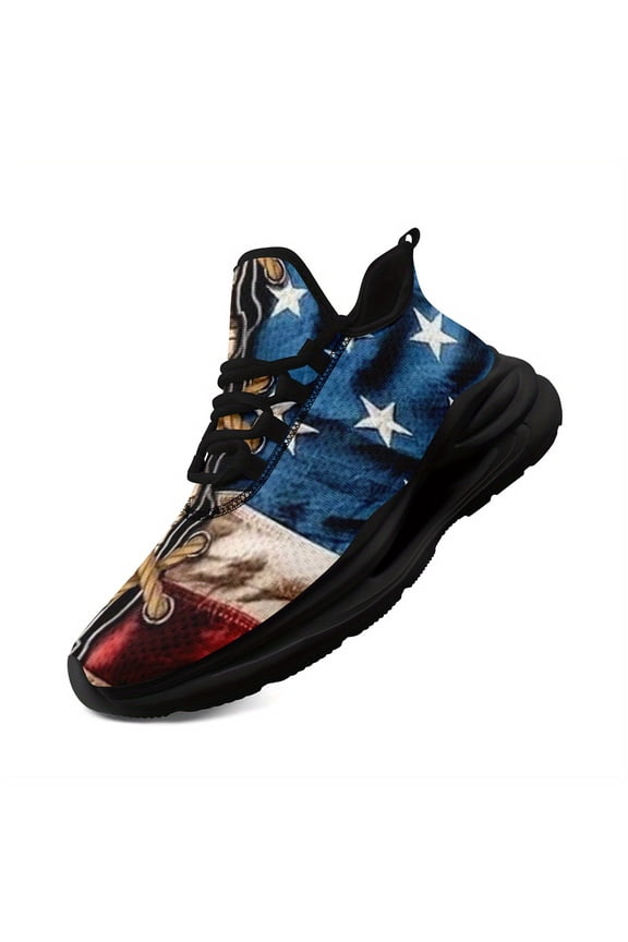 Plus Size American Flag Sneakers for Men, Patriotic Gym Sneakers with Midsole Suspension, Breathable Chunky Platform Design, Cushioned EVA Sole, Lace-Up Workout Shoes for Formal Events