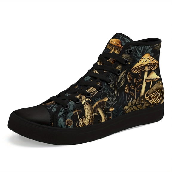 Coolcustomize Plus Size High-Top Sneakers for Men Women, Dark Forest Mushroom Print Hi-top Canvas Shoes, Unisex Trendy Shoes for Big Feet, Vibrant Design, Streetwear Style for Casual Attire/Outdoor