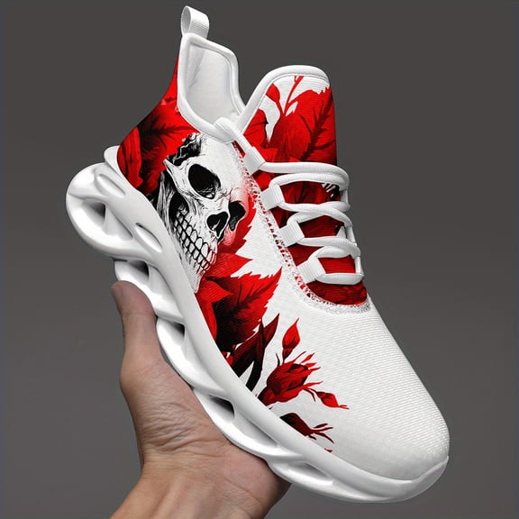 Coolcustomize Plus Size Mens Gothic Streetwear Low Top Sneakers, Black/Red Floral Skull Design, Breathable Lace-Up Casual Trainers, Durable Traction Footwear Perfect for Casual Attire, Trendy Laceup