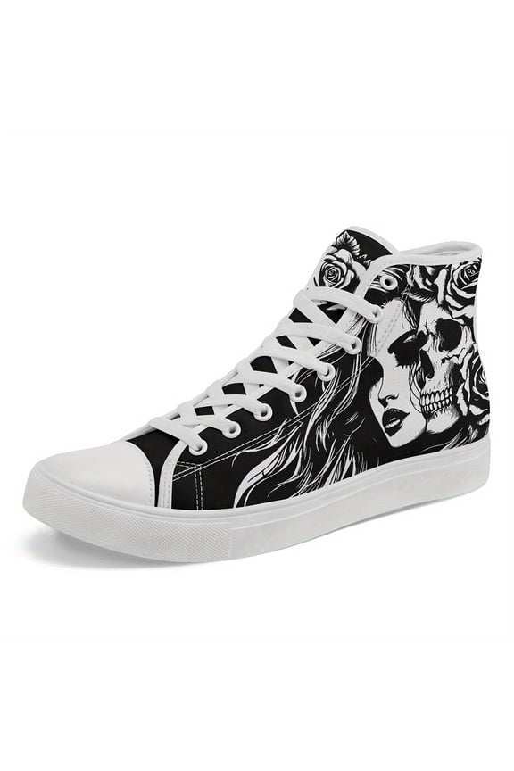 Plus Size Skull & Rose Design High-top Casual Sneakers for Men, Trendy Punk Style Athletic Couple Shoes for Daily Wear, Street Style, and Outdoor Activities, Durable Sole Casual Boots