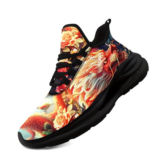 Coolcustomize Plus Size Unique Dragon Print Sneakers for Men, Red/White, Trendy Mythology Inspired Chunky Sports Shoes, Street Style Breathable Lightweight Running Trainers, Casual Walking Shoes