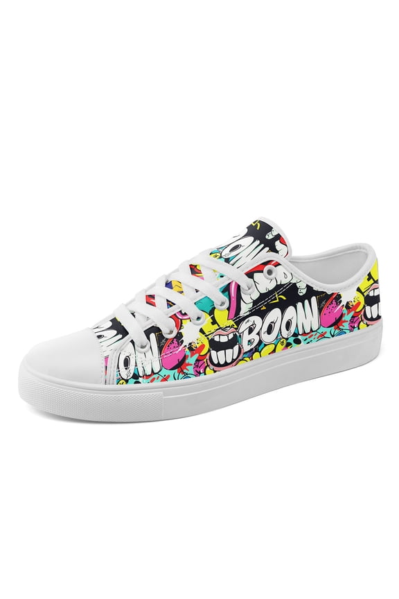 Plus Size Vibrant Cartoon Graffiti Low-Top Unisex Canvas Shoes | Comfortable, Breathable, Personalized Printed Streetwear Casual Sneakers, Lace-up Casual Shoes for Men and Women