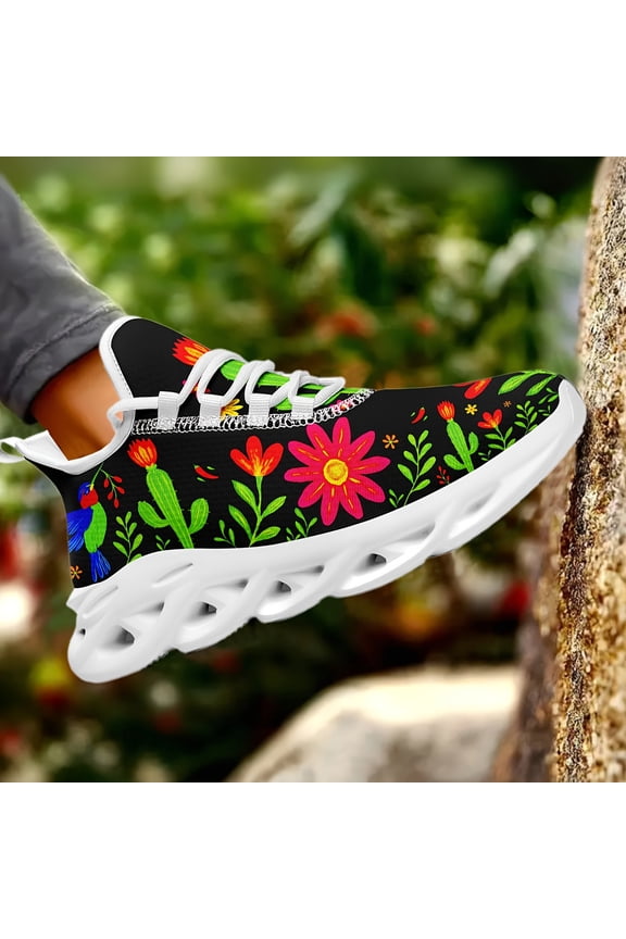 Plus-Size Womens Outdoor Sneakers with Vibrant Mexican Flower Design, Red/Green/Black, Espadrille Sole Casual Boots, Breathable Fabric Upper, Slip-Resistant Casual Shoes for All Seasons