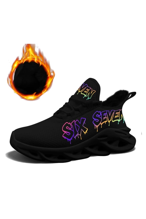 Plush Lining Sneakers for Men with Graffiti "Six Seven" Number Design, Wide Platform Low-Top Running Shoes, Cushioned Sole & Warm Comfort for Gym, Winter, Casual Wear - Urban Streetwear