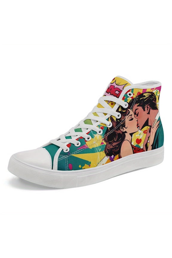 Pop Art High Top Sneakers for Valentine's Day - Vibrant Love-Themed Design Couple Shoes, Non-Slip Canvas Shoes, Unisex Lace-Up Sneakers, Round Toe Casual Skate Shoes, Playful Design