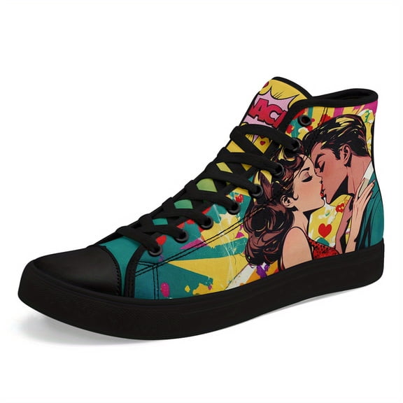 Coolcustomize Pop Art High Top Sneakers for Valentine's Day - Vibrant Love-Themed Design Couple Shoes, Non-Slip Canvas Shoes, Unisex Lace-Up Sneakers, Round Toe Casual Skate Shoes, Playful Design