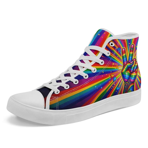 Coolcustomize Rainbow Pride LGBT High Top Canvas Sneaker for Men Women, LGBTQ Graphic Shoes with Colorful Rainbow Arch & Peace Sign Design Canvas Shoe