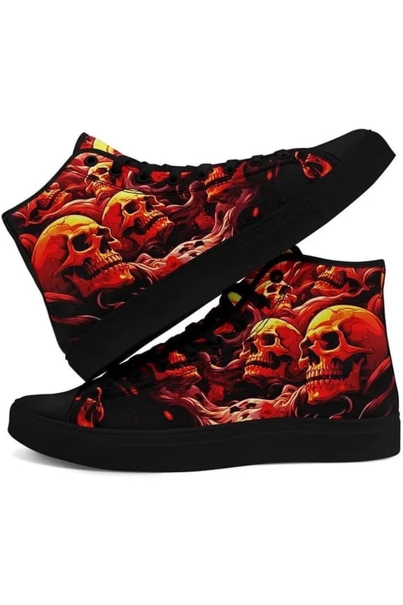 Red Skull High Tops Canvas Shoes for Men Women Wide Width, Classic Gothic Fashion Street Style Lace Up Round Toe Casual Canvas Sneakers