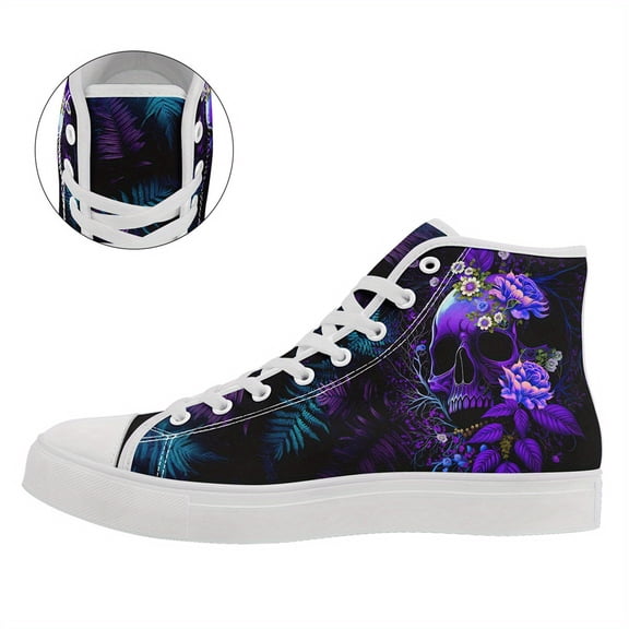 Coolcustomize Rock Festival Inspired Women's Skull & Floral High-Top Sneakers, Vibrant Purple Print, Trendy Street Style, Lace-Up Design, Round Toe, Rubber Sole Casual Shoes for Daily Wear/Festivals