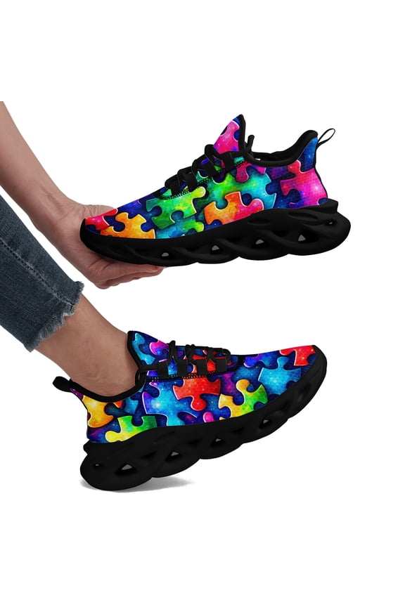 Running Sneakers for Women, Colorful Puzzle Print, Casual Street Style, Trendy Lightweight Lace-Up Sport Shoes, Fashion Tennis Shoes for Casual Attire/Street Walking/Casual Outfit