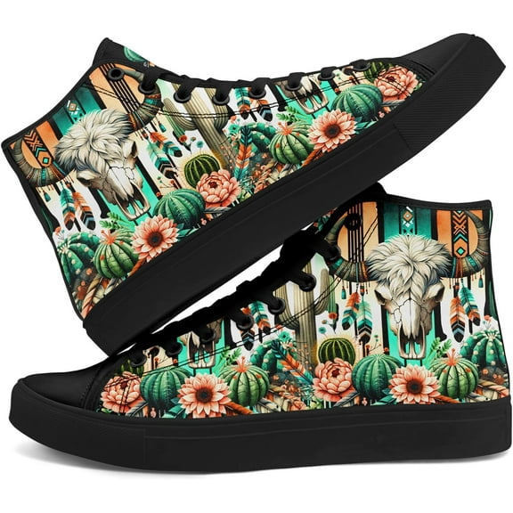 Coolcustomize Skull High Top Canvas Sneakers for Men Women, Gothic Floral Print Streetwear Casual Fashion Skate Shoes