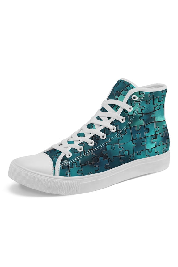 Stylish Teal Puzzle Piece High-Top Canvas Shoes for Men Size 13, Comfortable Fashion Trendy Hi Top Sneakers, Round Toe Lace-up Casual Shoes for Autism Awareness and Street Styles