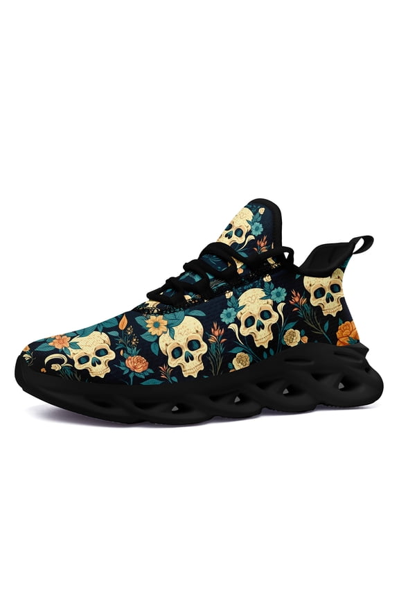 Tennis Shoes for Men with a Chunky Sole Featuring a Gothic Punk Skull Floral Design, Lightweight Breathable Sport Shoes, Round Toe Low-top Sneakers, Suitable for Streetwear And Walking