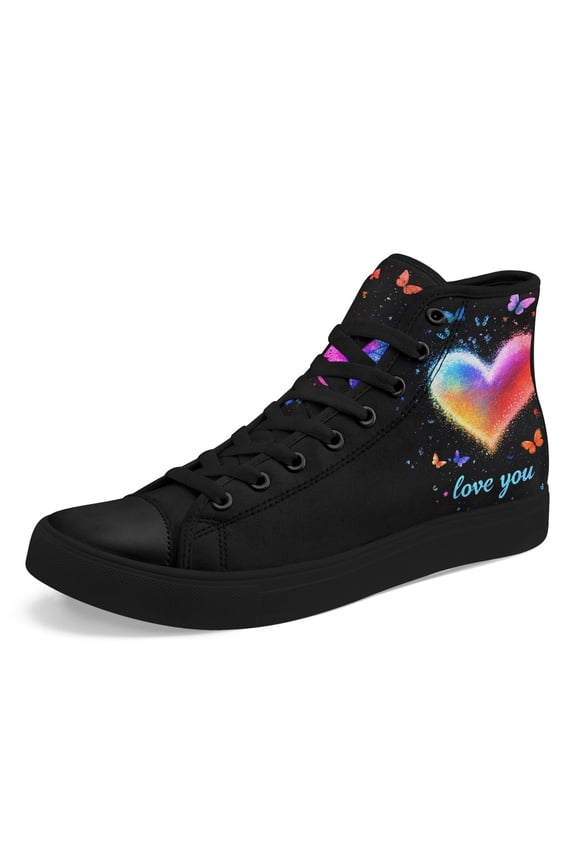 Trend Men's High-top Shoes | Colorful Heart "I Love You" Pattern, Comfort Lace-Up Couple Shoes, Casual Style Canvas Shoes, Fabric Upper & Insole Boots, Suitable for Valentine's Day