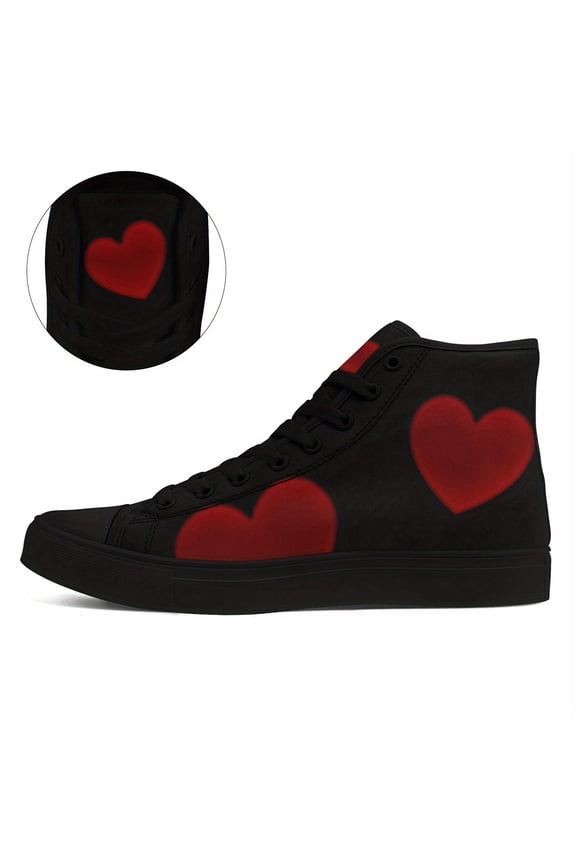 Unisex Sweetheart Heart Pattern High-Top Sneakers - Stylish Black & Red Design, Durable & Fabric, Rubber Sole, Lace-Up Sneakers for Casual Wear, Perfect Gift for Couples | Trendy Boots