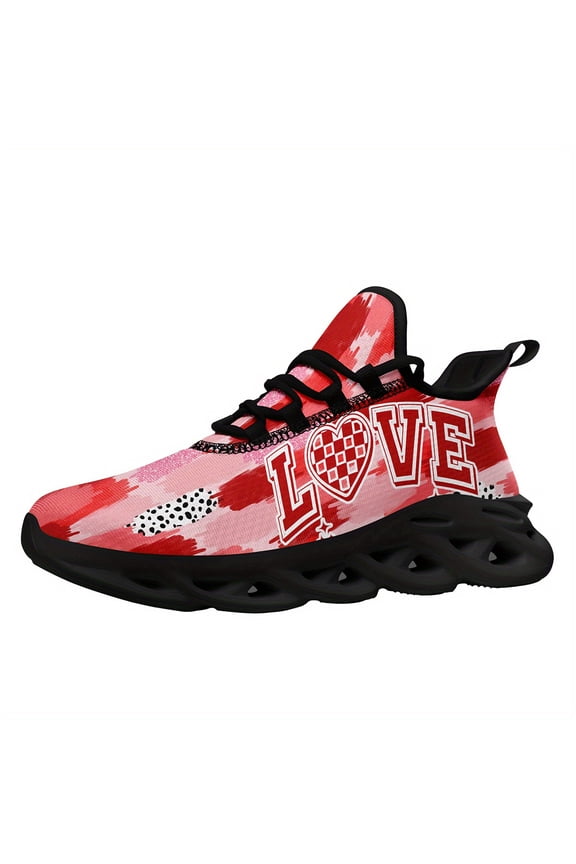 Valentine's Day Women's Love Heart Print Sneakers - Lightweight Fashion Couple Shoes with Sweet Heartbeat Pattern, Romantic Gift for Her, Low-top Lace-Up Gym Training Walking Shoes