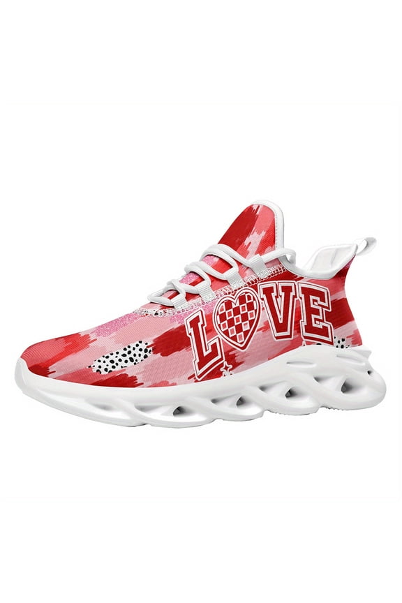 Valentine's Day Women's Love Heart Print Sneakers - Lightweight Fashion Couple Shoes with Sweet Heartbeat Pattern, Romantic Gift for Her, Low-top Lace-Up Gym Training Walking Shoes