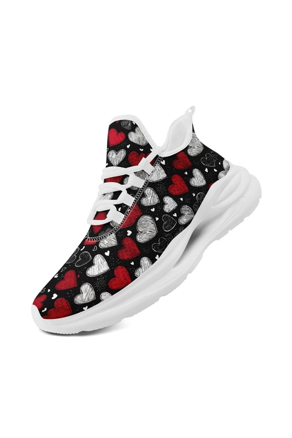 Wide Fit Men's Comfortable Breathable Valentine's Sneakers | Multi-Heart Print Lightweight Casual Athletic Shoes, Low Top, Lace Closure Couple Shoes, Suitable for Daily & Casual Wear