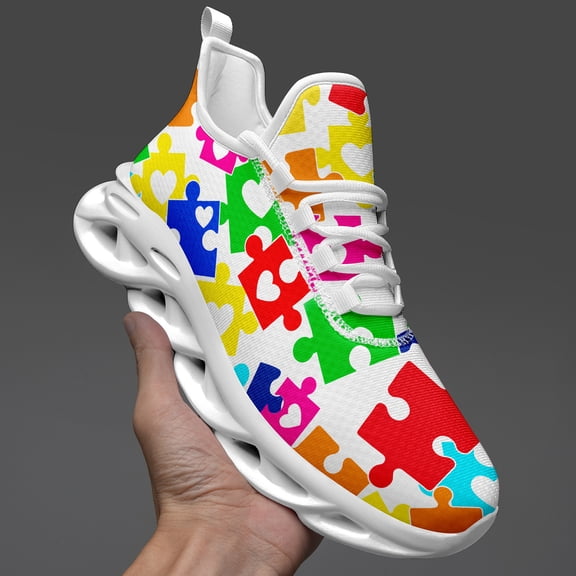 Coolcustomize Wide Width Sneakers for Women, Colorful Puzzle Print Low-Top Lace-Up Running Shoes with Cushioned Sole, Round Toe Casual Streetwear Gym Shoes, Fashion Trendy Lightweight Sport Shoes