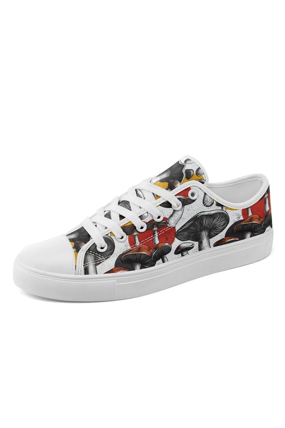 Women Casual Sneakers in Mushroom Design Print(Gray/Red), Low-Top Trendy Street Style Lace-Up Daily Fashion Canvas Shoes for Lady. Simple Pattern Design, White Style Casual Shoes