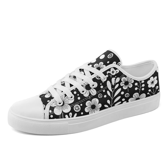 Coolcustomize Women Fashion Trend Spring Summer Casual Low-Top Sneakers | Black White Floral Line Art Design, Daily Walking Casual Shoes, Lace Up, Round Toe, Fabric Upper, Lady Low Top Canvas Shoes