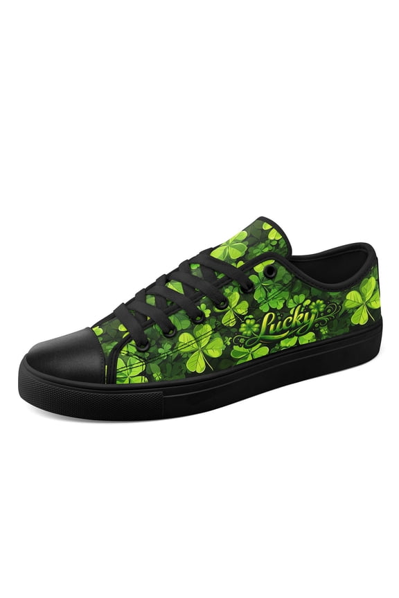 Women Green/White/Black Charming Fortune St Patrick's Clover Art Plus Size Lace-Up Casual Sneakers, Lightweight Casual Shoes with Rubber Sole and Fabric Upper, Lady Low Top Canvas Shoes