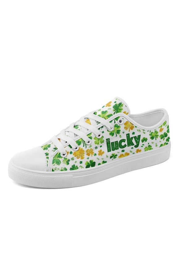 Women Lucky St Patrick's Clover Pattern Casual Sneakers | Green/White/Yellow, Lightweight, Round Toe, Plus Size Lace-Up Canvas Shoes, Lady's Casual Shoes for Outdoor Walk/Activity