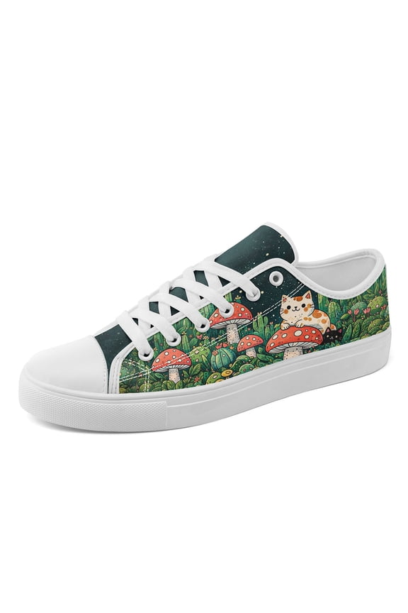 Women Mushroom & Pet-Themed (Green/Red/White/Black) Sneakers, Magical Forest Casual Shoe with Round Toe, Lightweight Low-Top Plus Size Canvas Shoes for Themed Outfits & Casual Attire