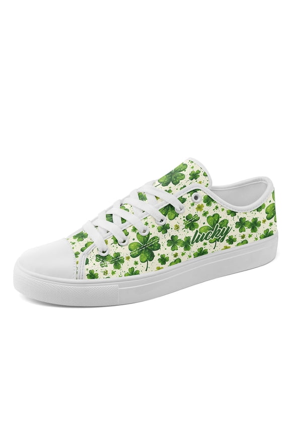 Women Plus Size Bold St Patrick's Light Base "Lucky" Clover Lace-Up Casual Sneakers, Lightweight Low-top Canvas Shoes, Dailywear All-Season, Round Toe Casual Shoes, Streetwear Footwear