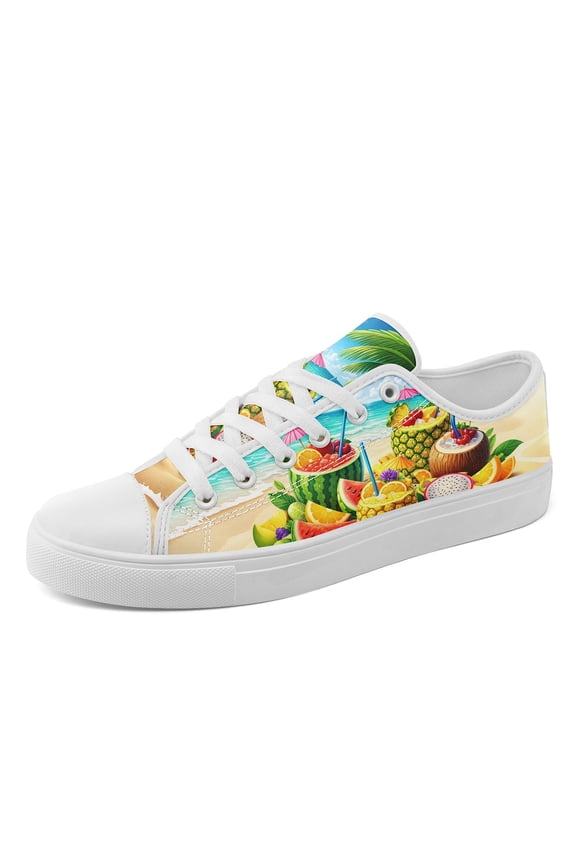 Women Plus Size Fruit Pattern (Yellow/Red/Green/Blue) Lace-Up Sneakers, Lightweight Round-Toe Low-Top Casual Shoes with Soft Fabric Upper, Lady's Canvas Shoes for Spring Summer Outfits