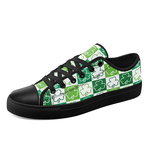 Coolcustomize Women Retro St Patrick's Clover Sneakers, Lace-Up Low-Top Round Toe Plaid & Clover Pattern Casual Shoes, Lightweight Fabric Upper & Sole, Plus Size Casual Athletic Footwear for Outdoor