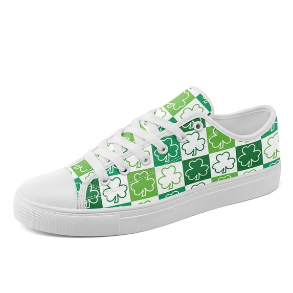 Coolcustomize Women Retro St Patrick's Clover Sneakers, Lace-Up Low-Top Round Toe Plaid & Clover Pattern Casual Shoes, Lightweight Fabric Upper & Sole, Plus Size Casual Athletic Footwear for Outdoor