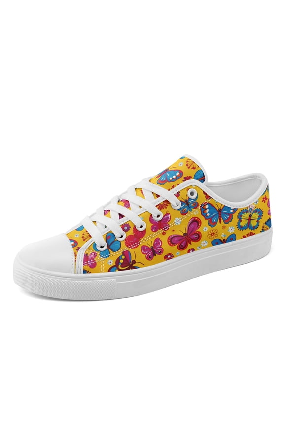 Women Stylish Plus Size Vibrant Butterfly & Flower Low-Top Sneakers, Yellow/Red/Blue, Comfort Lightweight Breathable Casual Shoes, Lady's Plus Size Round Toe Canvas Shoes for Outdoor