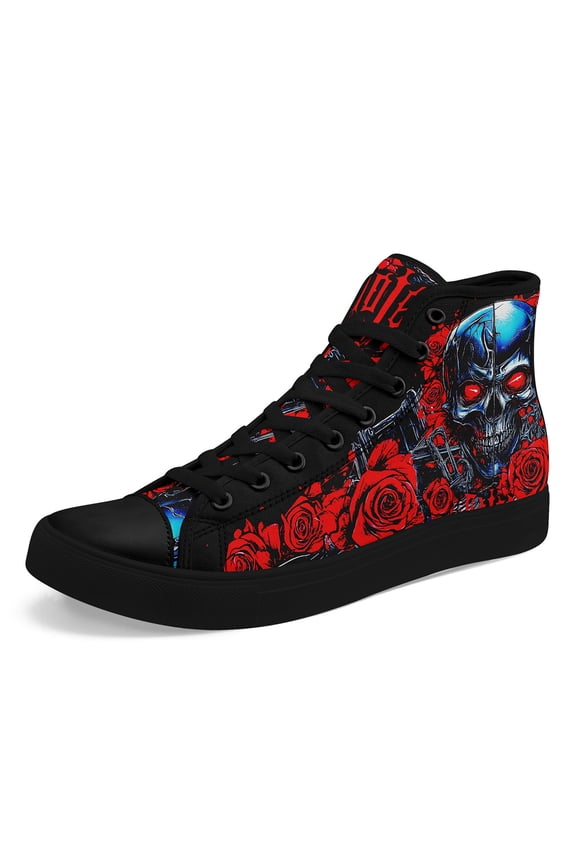 Women's Black Rose & Red Splatter Design High Top Sneakers, Lightweight Lace-Up Casual Shoes, Lady Breathable Fabric & Durable Rubber Sole Boots for Halloween Parties, Streetwear Lover