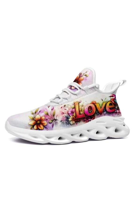 Women's Breathable Floral "LOVE" Running Shoes | Comfortable Lightweight Sports Sneakers, Casual Style, All-Season, Wide Fit, Lace-up, Fabric Upper and Inner, EVA Sole Running Shoes