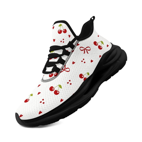 Coolcustomize Women's Cherry Bow Print Sneakers - Lightweight Breathable Low-Top Lace-Up Shoes with Red Cherry & Bow Design, & Red Accent Casual Shoes with Arch Support