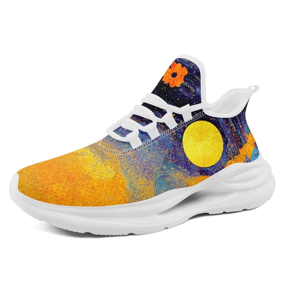 Coolcustomize Women's Comfort Dark Blue Tennis Sneakers with Yellow Sun-Moon Celestial Graphic, Breathable Lightweight Fashion Sporty Daily Wear Running Shoes, Low Top Sneakers for Casual Outfits