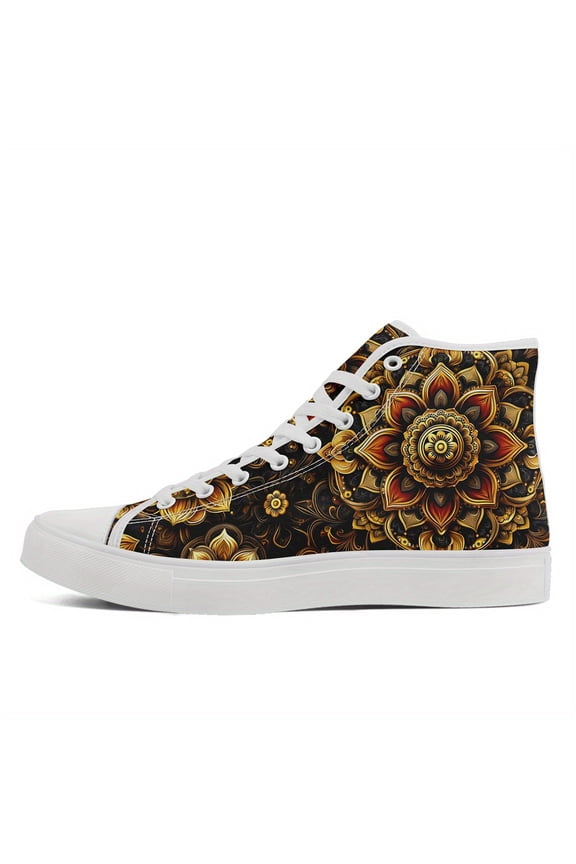 Women's Cultural Inlay High-top Sneakers - Floral And Geometric Design, Breathable Upper, Lace-Up Mid-Top Casual Shoes, Versatile Footwear | Floral Pattern Casual Boots