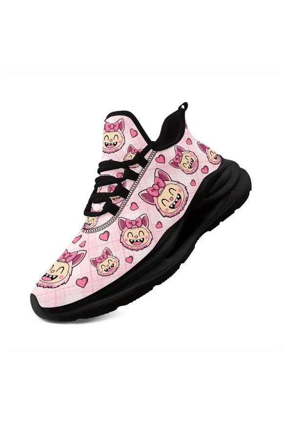 Women's Cute Cartoon Character Sneakers - Pink & White Low-top Lace-up Shoes with Heart Patterns, Breathable Fabric Upper & Cushioned EVA Sole for Casual Wear, Playful Design Trainers