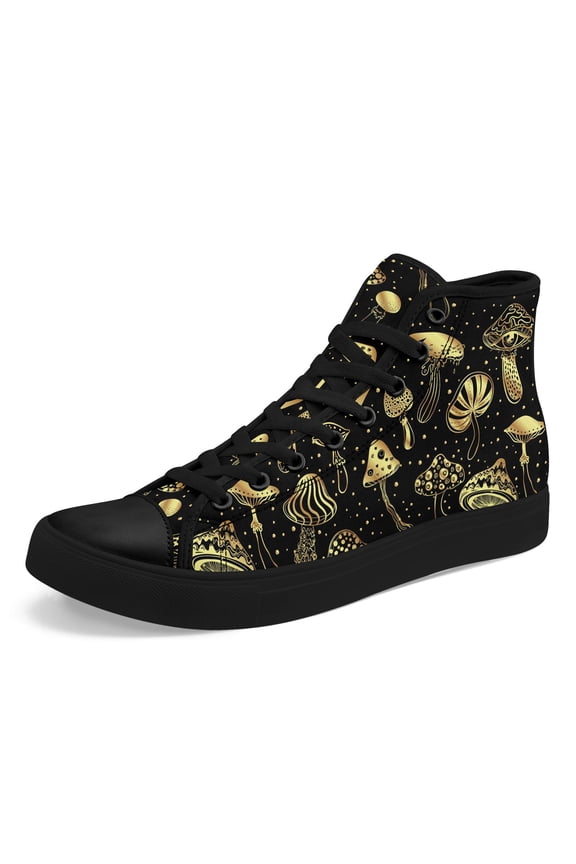 Women's Fashion High-top Sneakers with Golden Mushroom Pattern, Black Casual Shoes for Street Outings and Daily Wear, Lady's Canvas Shoes for Daily Wear/Office/Semi-Formal Events