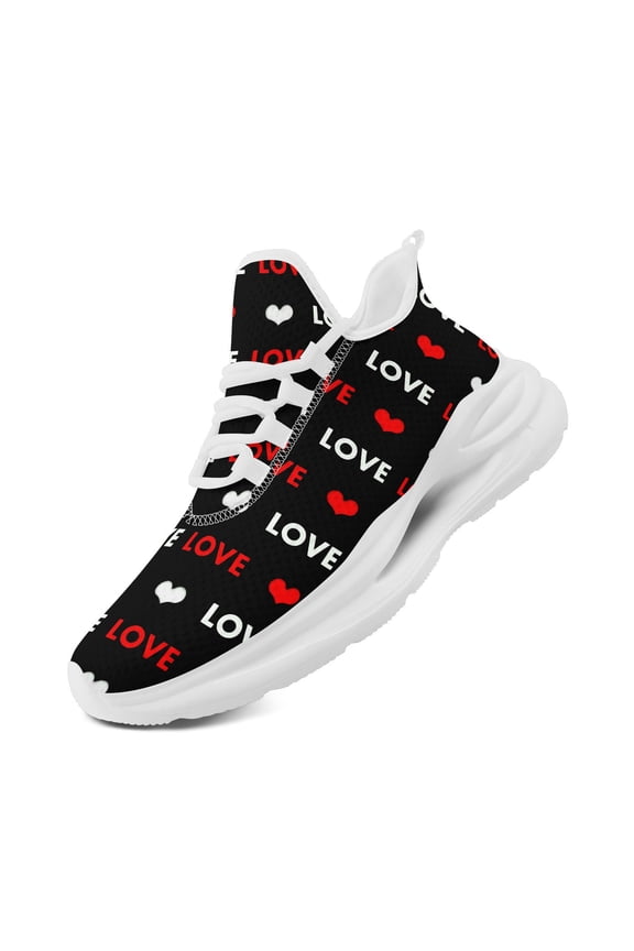 Women's Fashion Tennis Shoes | Black "LOVE" & Heart Print, Comfortable Lightweight Sport Shoes, Lace-up Couple Shoes, All-season, Fabric Upper & Insole, EVA Sole, Wide Fit Sneakers